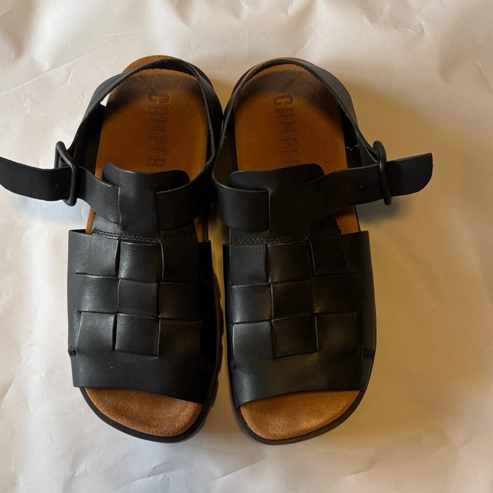 Black Woven Leather Slide Sandals